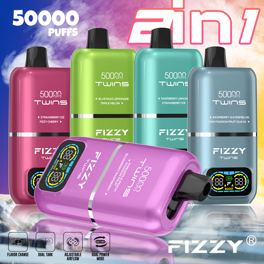 vapenoble.com FIZZY TWINS 50K(50000) Puffs Dual flavors 50ML of e-liquid mesh coil 850mAh battery 2%/5% nicotine LCD Screen Disposable Vape