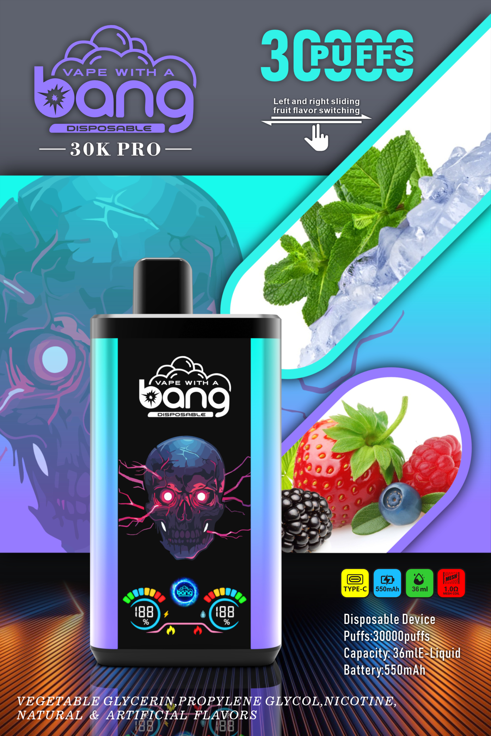 vapenoble.com Bang 30K(30000) Puffs PRO Dual Flavor Screen Display 36ml E-liquid 0% 2% 3% 5% Nicotine Disposable Vape