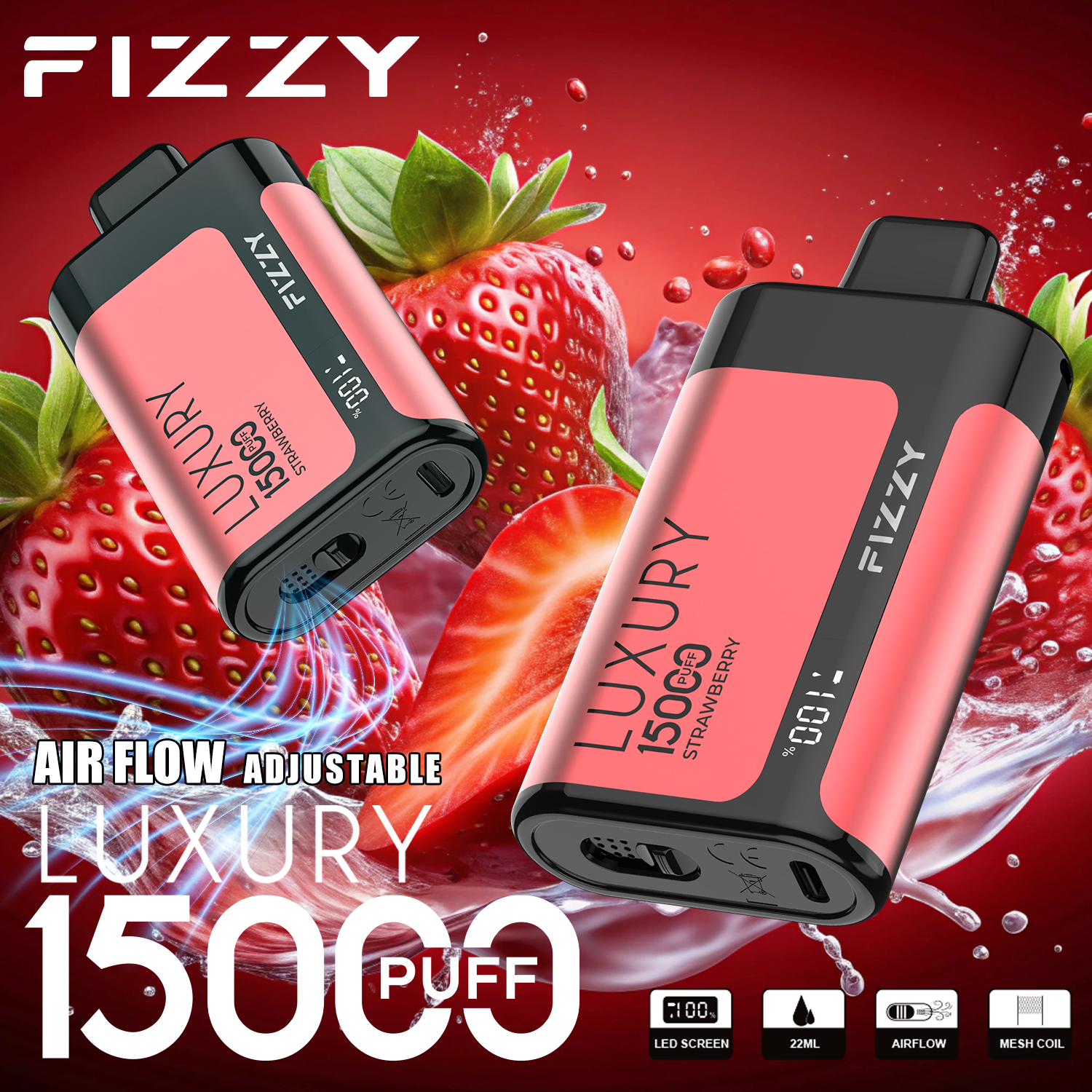 vapenoble.com Fizzy Luxury 15K(15000) Puffs 22ML E-liquid Mesh Coil LCD Screen Adjustable Air Flow Disposable Vape