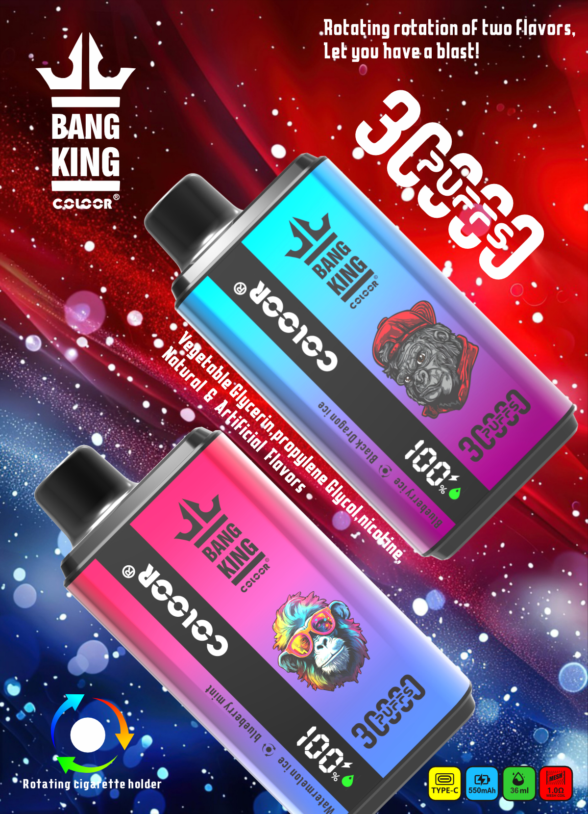 vapenoble.com Bang King 30K(30000) Puffs New Double Flavor 0% 2% 3% 5% Nicotine LED Digital Display 36ml E-liquid Disposable Vape